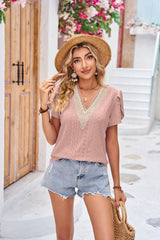 V-neck Lace Stitching Short Sleeve Loose T-shirt