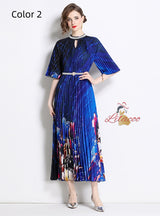 Beaded Printed Pleated Pearl Button Pleated Dress