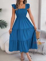 Solid Color Square Neck Silm Waist Dress