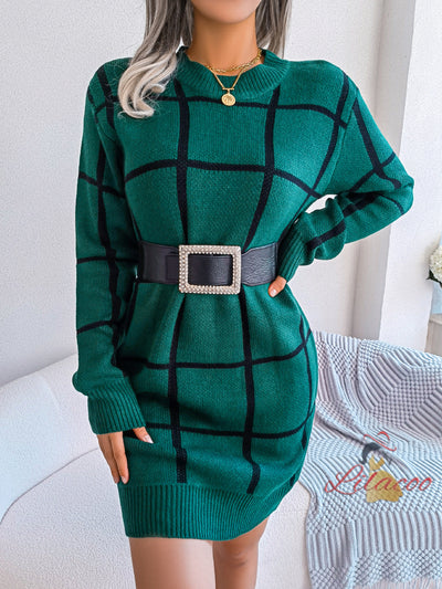 Casual Contrast Plaid Long Sleeve Sweater Dress