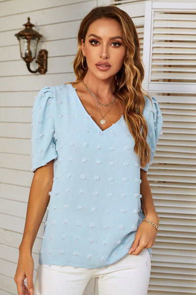 V-neck Chiffon Bubble Sleeve Short Sleeve Shirt