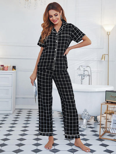 Plaid Top Short Sleeve Trousers Pajamas Suit