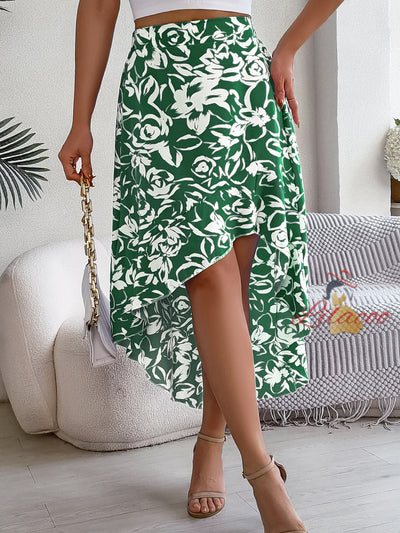 Women Print Split Long Irregular Skirt