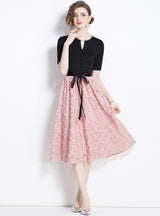 Color Matching Fake Two-piece Flower Dress