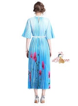 Beaded Printed Pleated Pearl Button Pleated Dress