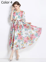 Retro Printed V-neck Five-point Sleeve Loose Dress