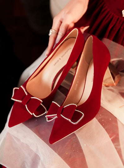 Red Bow Thick Heel Wedding Shoes