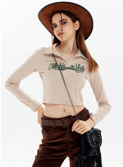 Retro Long Sleeve Lapel T-shirt