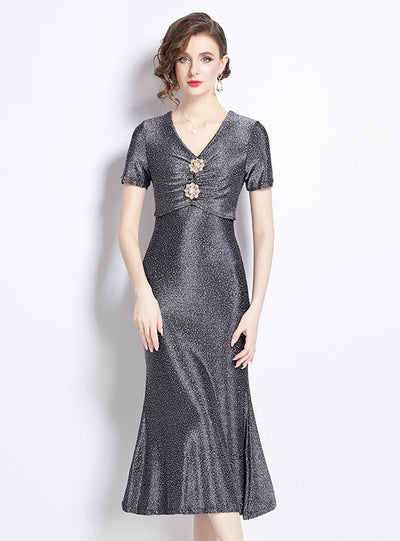 V-neck Rhinestone Fishtail Dress