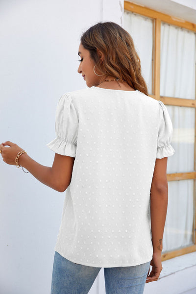 Chiffon Wool Ball Lace V-neck Short Sleeve Shirt