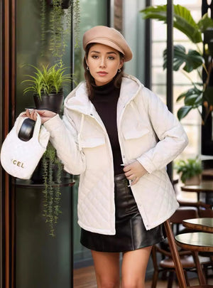 Rhombic Hooded Short Thin Cotton-padded Jacket Coat