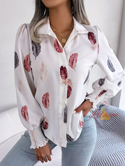 Women Print Lantern Sleeve Lapel Shirt