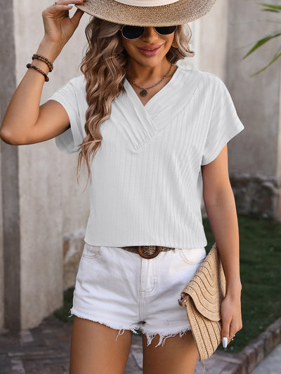 V-neck Jacquard Top Short Sleeve T-shirt