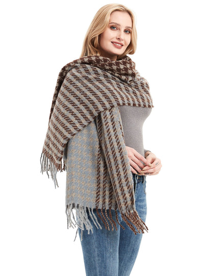 Brown Houndstooth Scarf Fringed Shawl