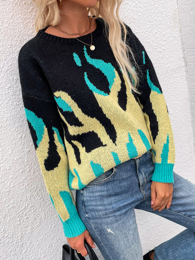 Medium and Long Round Neck Printed Loose Sweater