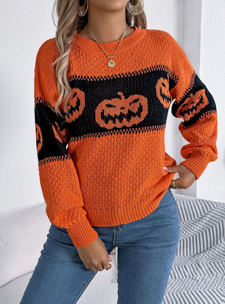 Halloween Pumpkin Contrast Long Sleeve Sweater