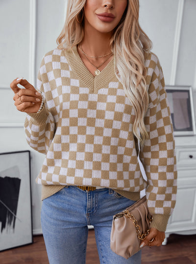 V-neck Pullover Plaid Loose Long Sleeve Sweater