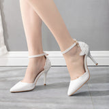 White Lace Flowers Thin Heels Wedding Shoes