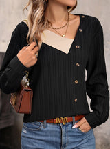 Contrast Stitching V-neck Long Sleeve Button Top