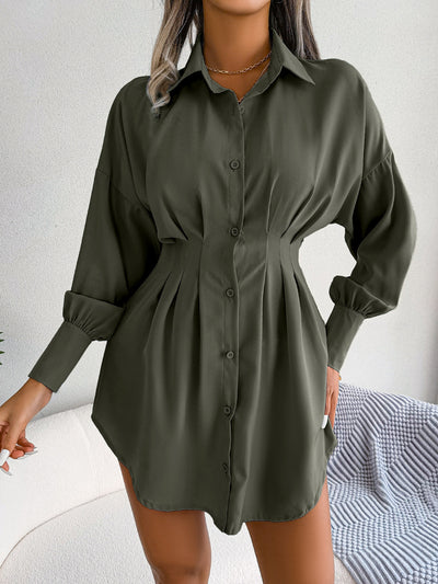 Lantern Sleeve Silm Waist Shirt Dress