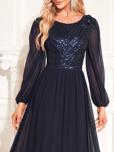 Navy Blue Chiffon Long Sleeve Prom Dress