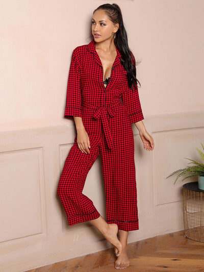 Long-sleeved V-neck Plaid Jumpsuit