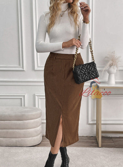 Women Retro Corduroy Split Skirt