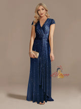 Sexy V-neck Sequins Cap Sleeve Prom Dress