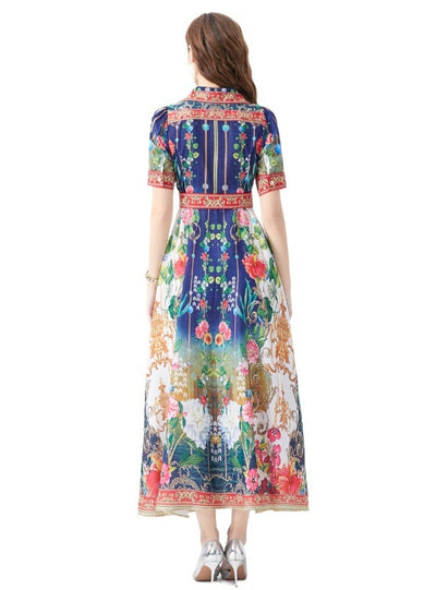 Short-sleeved Printed Long Dress