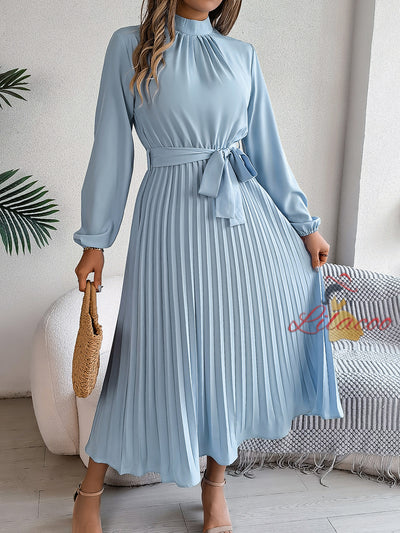 High Neck Long Sleeve Pleated Dress