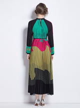 Printed Lantern Sleeve Pleated Tassel Belt Dress