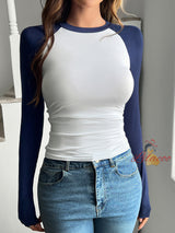 Sexy Slim Round Neck Contrast Long Sleeve T-shirt