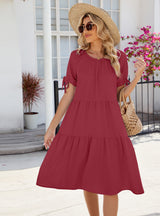 Round Neck Pleated Short Sleeve Dress