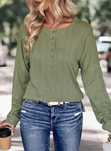 Round Neck Casual Shirt Green Button T-shirt