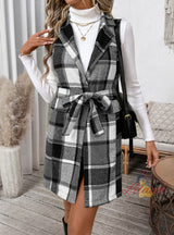 Checked Silm Waist Suit Collar Sleeveless Vest