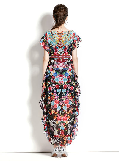 Printed Chiffon Ruffled Retro Dress