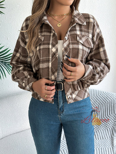 Plaid Fake Pocket Long Sleeve Jacket Coat