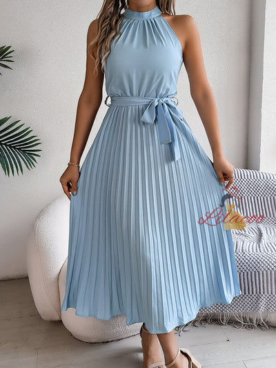 Sleeveless Silm Waist Pleated Long Dress