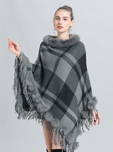 Round Neck Plaid Fur Ball Pullover Cloak Shawl