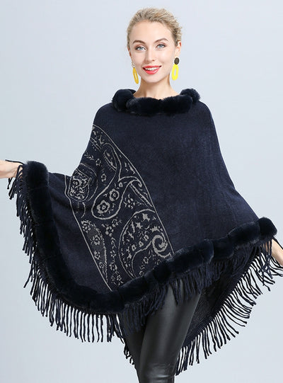 Fur Collar Jacquard Cloak Fringed Shawl