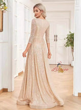 Long Sleeve Sequins V-neck Prom Dress