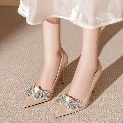 Suede Bow Rhinestone Wedding Shoes