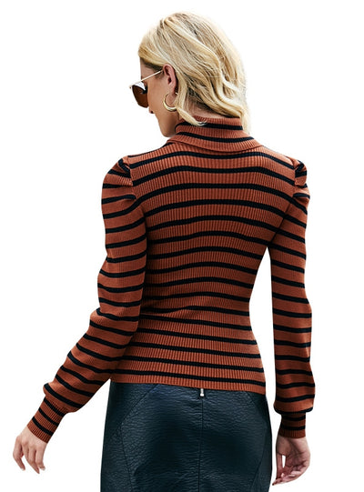 Bubble Sleeve Slim Knit Striped Top