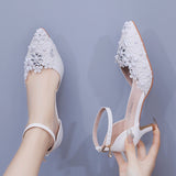 5 cm Thin-heeled Pointed White Lace Sandals