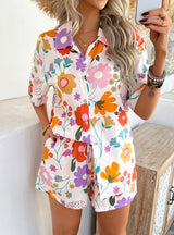 Bohemian Print Top Short Pants Suit