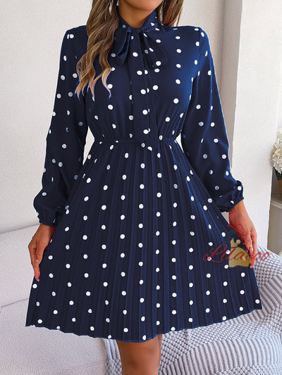 Polka-dot Long-sleeved Pleated Dress