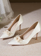 Satin Pointed Crystal Flower High-heeled Shoes