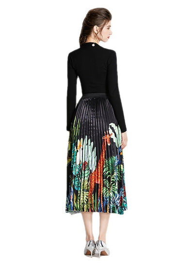 Retro Square Neck Long Sleeve Top+Printed Pleated Skirt Suit
