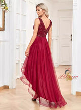 Burgundy Sequins V-neck Hi Lo Party Dress