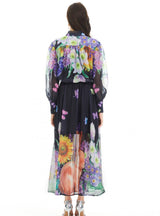 Printed Long Skirt Lotus Leaf Collar Suit